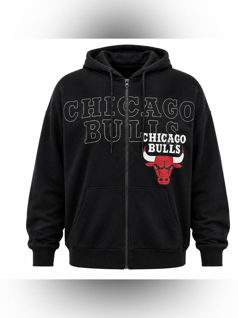 Chicago Bulls Men's XXL NBA Black Full Zip Hoodie Logo Graphic Sweatshirt